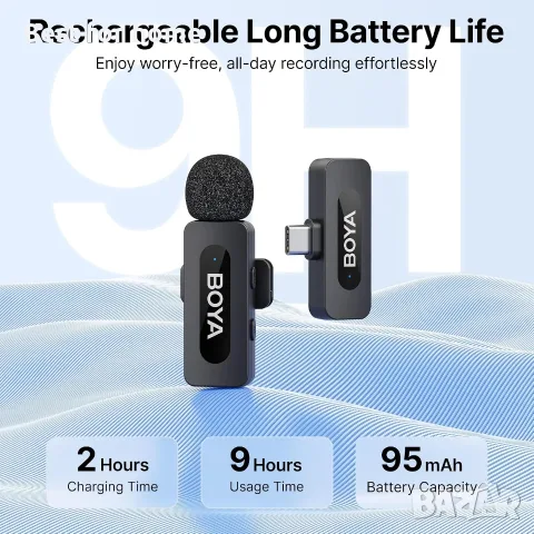 BOYA BY-V10 USB-C безжичен лавалиер микрофон за iPhone 16/15 Android, смартфон Type-C, снимка 2 - Микрофони - 56740360
