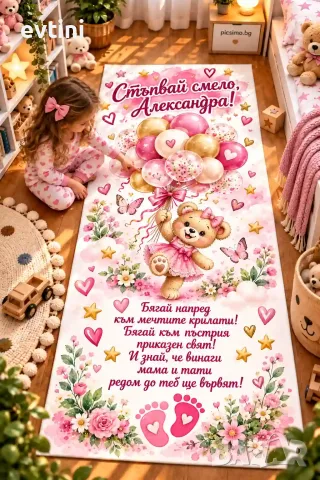 Пълноцветно платно за прощъпулник - Розово мече с балон