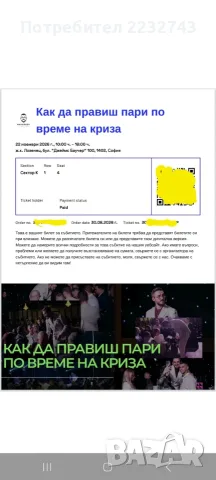 Продавам билет за събитието "Как да правиш пари по време на криза" в хотел Маринела 