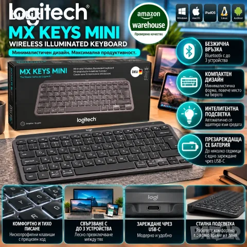 Безжична клавиатура Logitech MX Keys Mini Graphite, Bluetooth, подсветка, USB-C