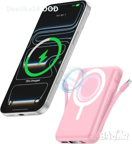 Магнитна външна батерия Power Bank 10000mAh 15W, безжично зареждане, 2 вградени USB-C кабела