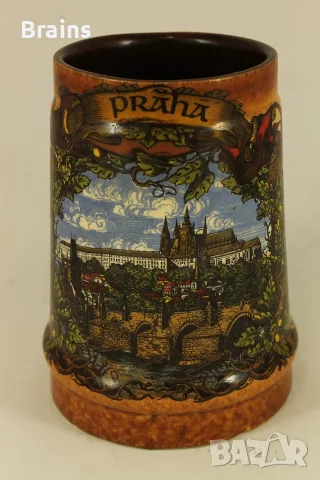 1960's Стара Чешка Керамична Халба Релефна Прага Замък