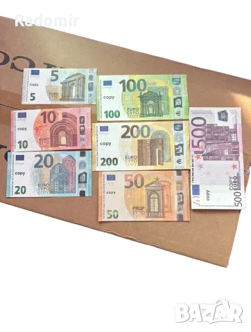 Реквизитни сувенирни евро банкноти, пачки по €5, €10, €20, €50, €100, €200 и €500 за сватби