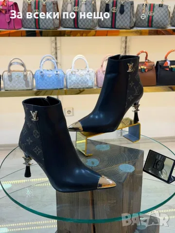 Louis Vuitton Дамски Черни Кожени Боти С Монограм Метален Връх И Висок Ток Код SK2547 