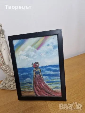 Ръчно рисувана картина „Жена и море“ с маслени пастели в рамка, 14 x 20 см