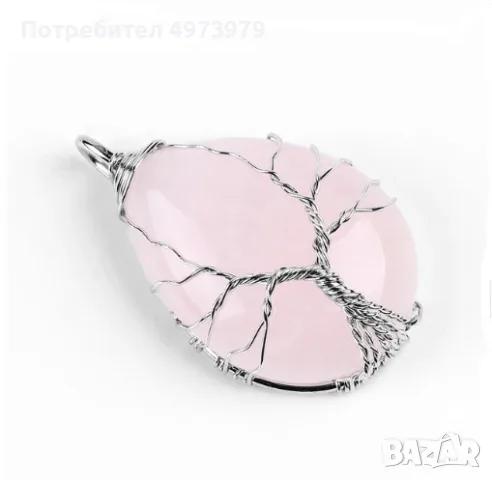 Ръчно изработен медальон от розов кварц във формата на капка, обвит със сребриста метална тел