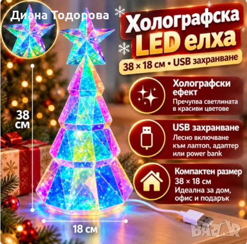 Модерна Холографска LED Коледна Елха 38 см – Геометричен Дизайн и USB
