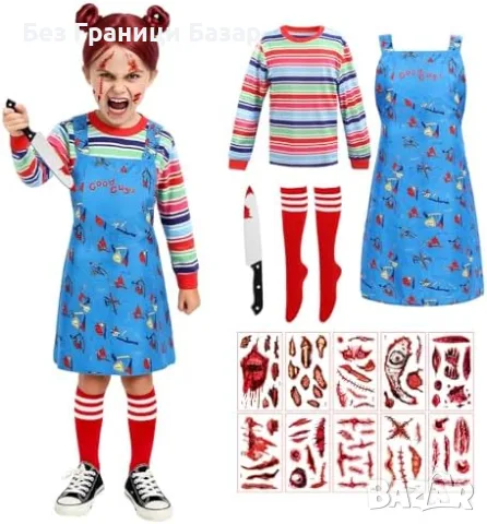 Нов Детски костюм Чъки Chucky кукла убиец за момиче с нож и аксесоари за косплей Хелоуин карнавал