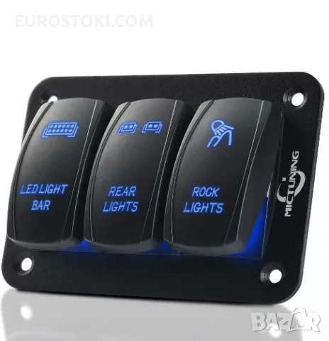MICTUNING Табло с 3 бутона ON/OFF универсално, 12V/24V, със синя LED подсветка, за LED светлини 