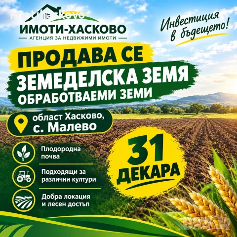 Продава се атрактивно портфолио от земеделска земя – 31 дка (НТП Нива, 4-та кат.), с. Малево