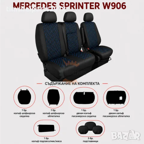 Тапицерия 2+1 за VW Crafter, Sprinter W906 (2006–2018) – еко кожа, черна със син шев, 8 части