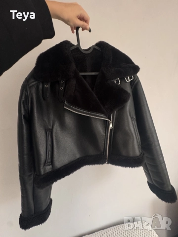 H&M кожено късо яке с пух, снимка 2 - Якета - 56590554