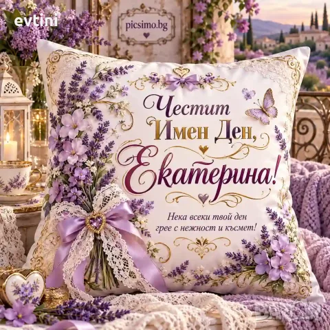 Декоративна възглавничка "Честит Имен ден Елкатерина" с име по избор