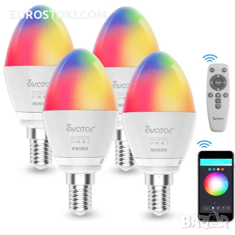 Интелигентни LED крушки Avatar E14, комплект 4 броя + дистанционно управление, RGB смарт крушка