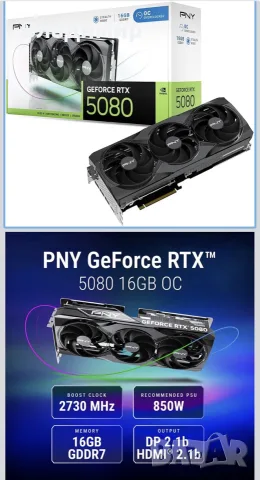 Видеокарта PNY GeForce RTX 5080 16GB OC Triple Fan - НОВА неразпечатана с гаранция
