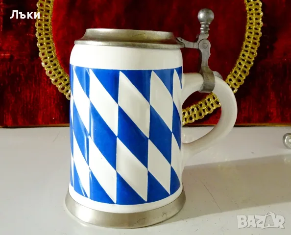 Керамична халба с капак от калай,печат. , снимка 4 - Антикварни и старинни предмети - 56636704