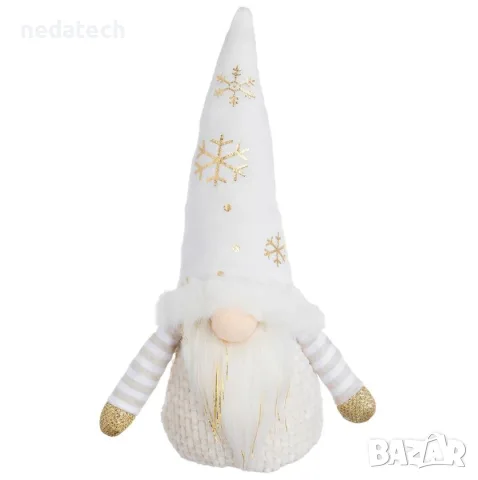 Коледна декоративна фигура Дядо Коледа gnome бяло тяло със златисти foil снежинки 26cm