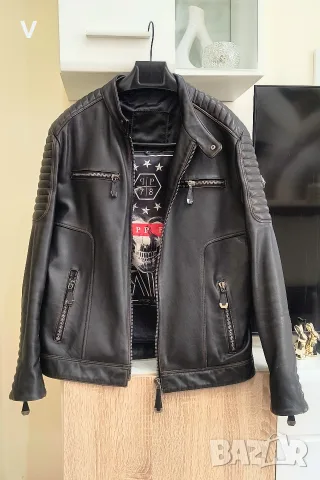 Мъжко кожено яке Philipp Plein Филип Плейн тъмен шоколад естествена кожа 