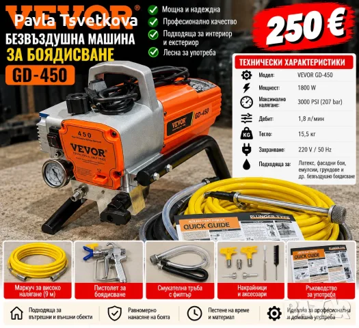 VEVOR GD-450 – професионална безвъздушна машина за боядисване (Airless Paint Sprayer)