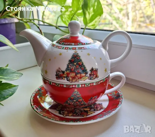 Порцеланов комплект за чай с новогодишни мотиви, 3 части 