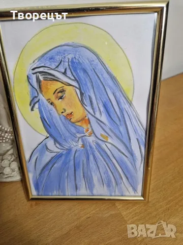 Ръчно рисувана акварелна картина на Богородица в златна рамка, 18 x 13 см