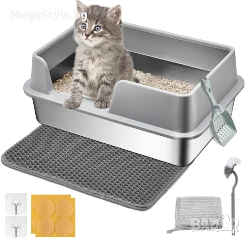 Papettly Кутия за котки с високи страни от неръждаема стомана