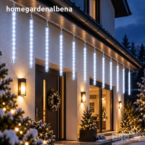 Коледна LED украса „Падащи метеори“ – 10 тръби, 480 LED, студена бяла светлина