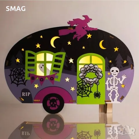 Halloween дървена декорация каравана със скелет вещица и LED_1250538