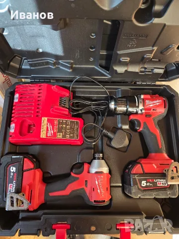 Milwaukee M18 Brushless комплект – ударен винтоверт + импакт, 2x 5.0Ah, зарядно, куфар