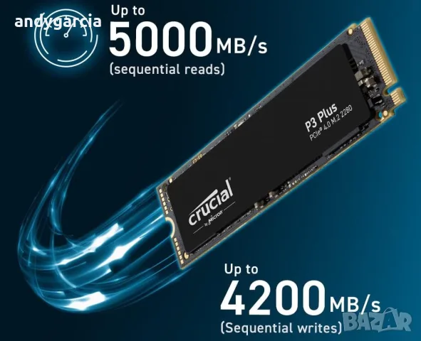  2TB 2000GB SSD NVMe Crucial P3 Plus Gen4 M.22280 скорост на четене и запис 5000 MB/s 4200 MB/s 