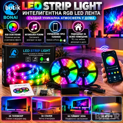 BONAI RGB LED лента с управление през телефон, музикален режим и цветни ефекти
