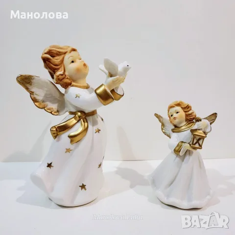 Комплект изящни порцеланови коледни фигурки на ангели (бяло и златно).