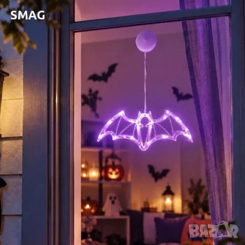 Halloween висящ прилеп с 16 лилави led светлини 10x25 cm_1266438