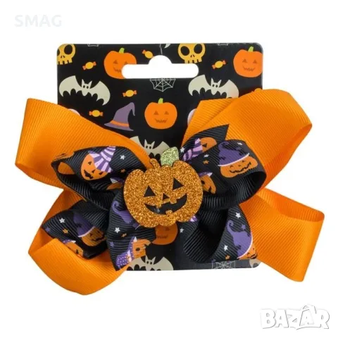 Halloween фиба за коса с оранжева и черна панделка и тиква_1239896