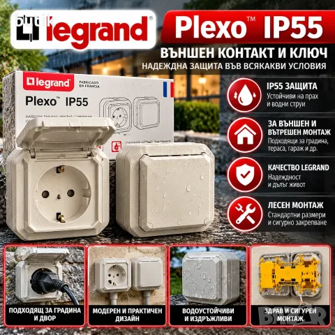 Legrand Plexo IP55 – влагозащитен контакт и ключ за външен монтаж