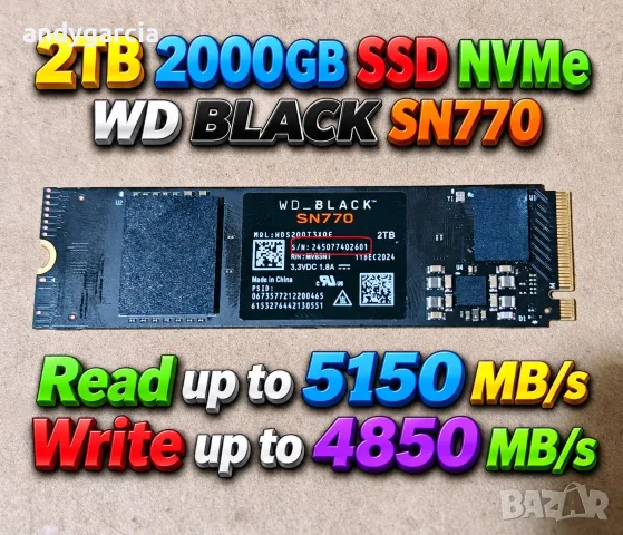  2TB 2000GB SSD NVMe WD BLACK SN770 Gen 4 M2 2280 скорости на четене и запис 5150 MB/s и 4850 MB/sec