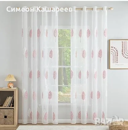 Комплект ефирни завеси MIULEE с бродерия на листа, 2 броя (140x245 см), Бяло и Розово