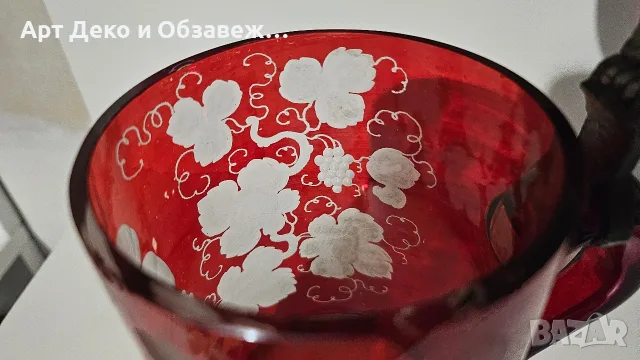 Бохемска рубинена стъклена халба, снимка 3 - Чаши - 56568611