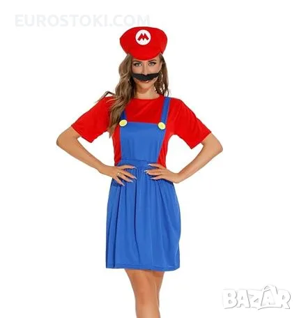Дамски костюм Super Mario, дамски карнавален костюм Супер Марио с рокля, шапка и мустаци, р-р М