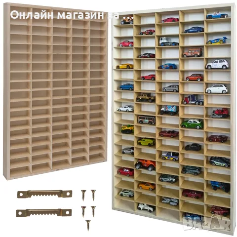 Дървен рафт за колички играчки Kruzzel - органайзер с 90 отделения