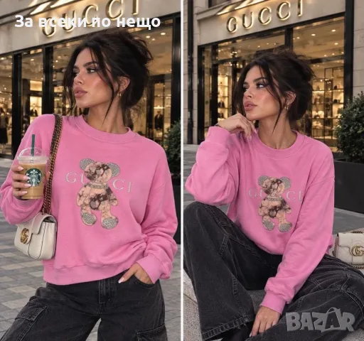 Gucci Дамска Памучна Блуза С Дълъг Ръкав И Декоративно Мече - Различни Цветове Код I_132