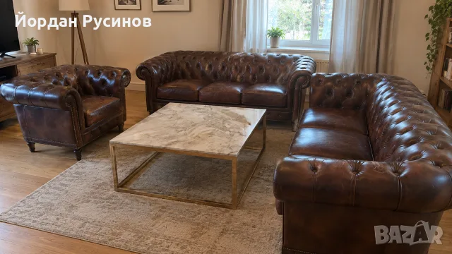 Луксозен кожен Chesterfield Честърфийлд комплект Hancock & Moore – американска премиум изработка