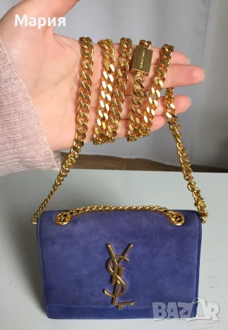 Велур SAINT LAURENT YSL Kate Mini Дамска Чанта Естествена Кожа Дълга дръжка през рамо Синя малка