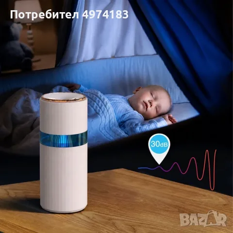 Ултразвуков овлажнител за въздух 400 мл с LED нощна светлина, 2 режима на работа и USB захранване