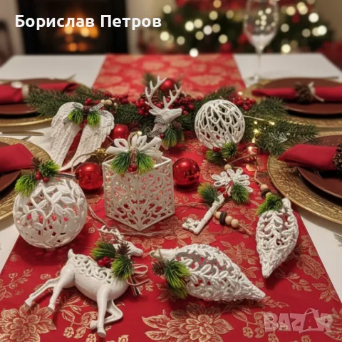Коледни играчки за елха „Winter White Elegance“ – луксозни висящи декорации с натурален завършек 