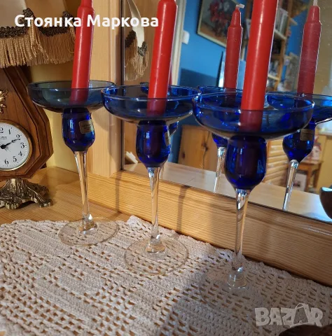 Комплект от 3 стъклени свещника, снимка 2 - Свещи и свещници (декоративни) - 56601105
