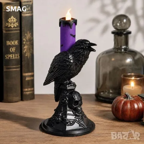 Декоративен halloween свещник гарван с led пламък 21 см_1266084