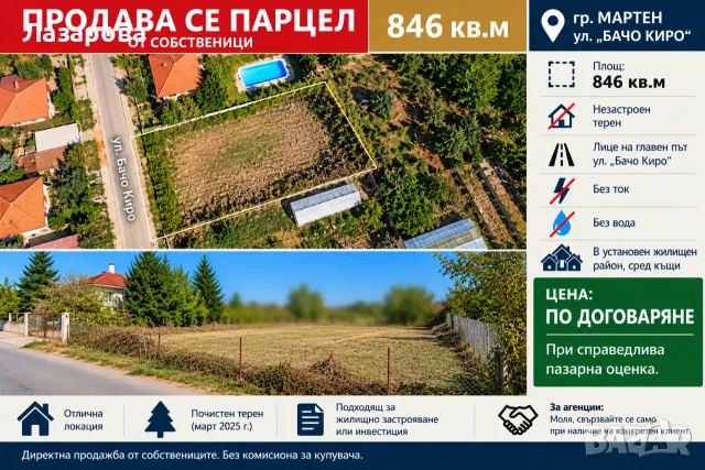 ПРОДАВА СЕ ПАРЦЕЛ ОТ СОБСТВЕНИЦИ ГР. МАРТЕН УЛ.БАЧО КИРО