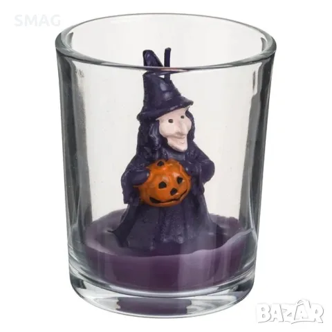 Свещ halloween вещица 3d в стъклена чашка лилава 5.5x6.5 см_1250802
