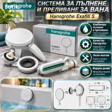 Hansgrohe Exafill S 58117700 – комплект за пълнене и преливане на вана, матово бял